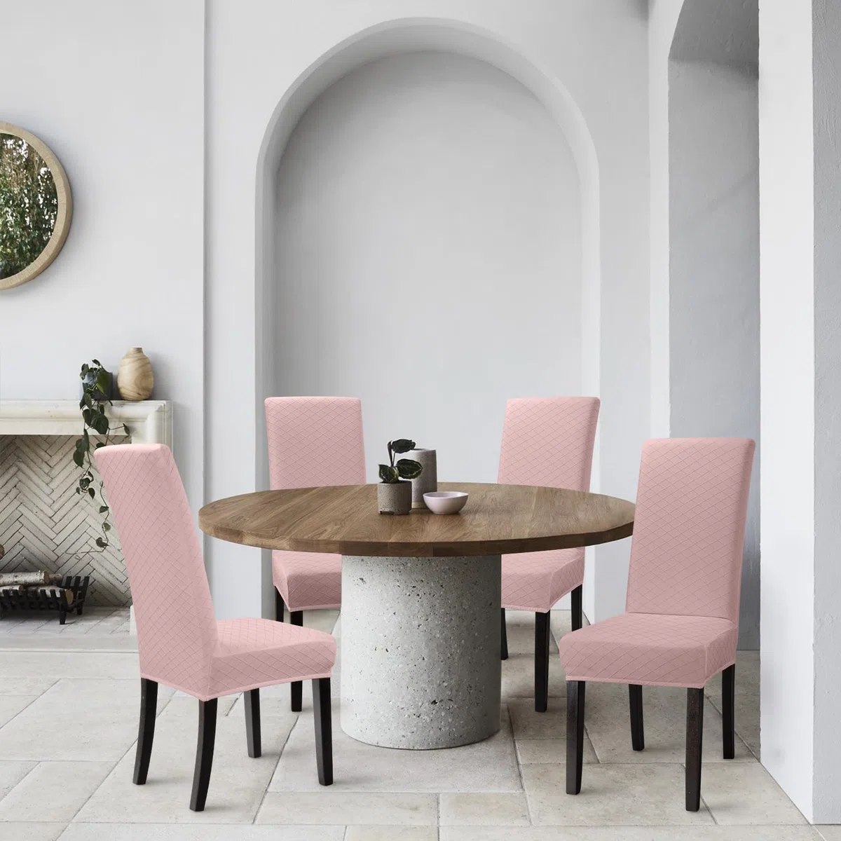Stuhlbezüge Modern 4er Set Universeller Stuhlhussen Elastischer Stretchbezug, abwaschbarer Jacquard Bezug mit Rutschfestheit & Atmungsaktivität , Spannbezug ideal für Events und Deko Bankett (Rosa)