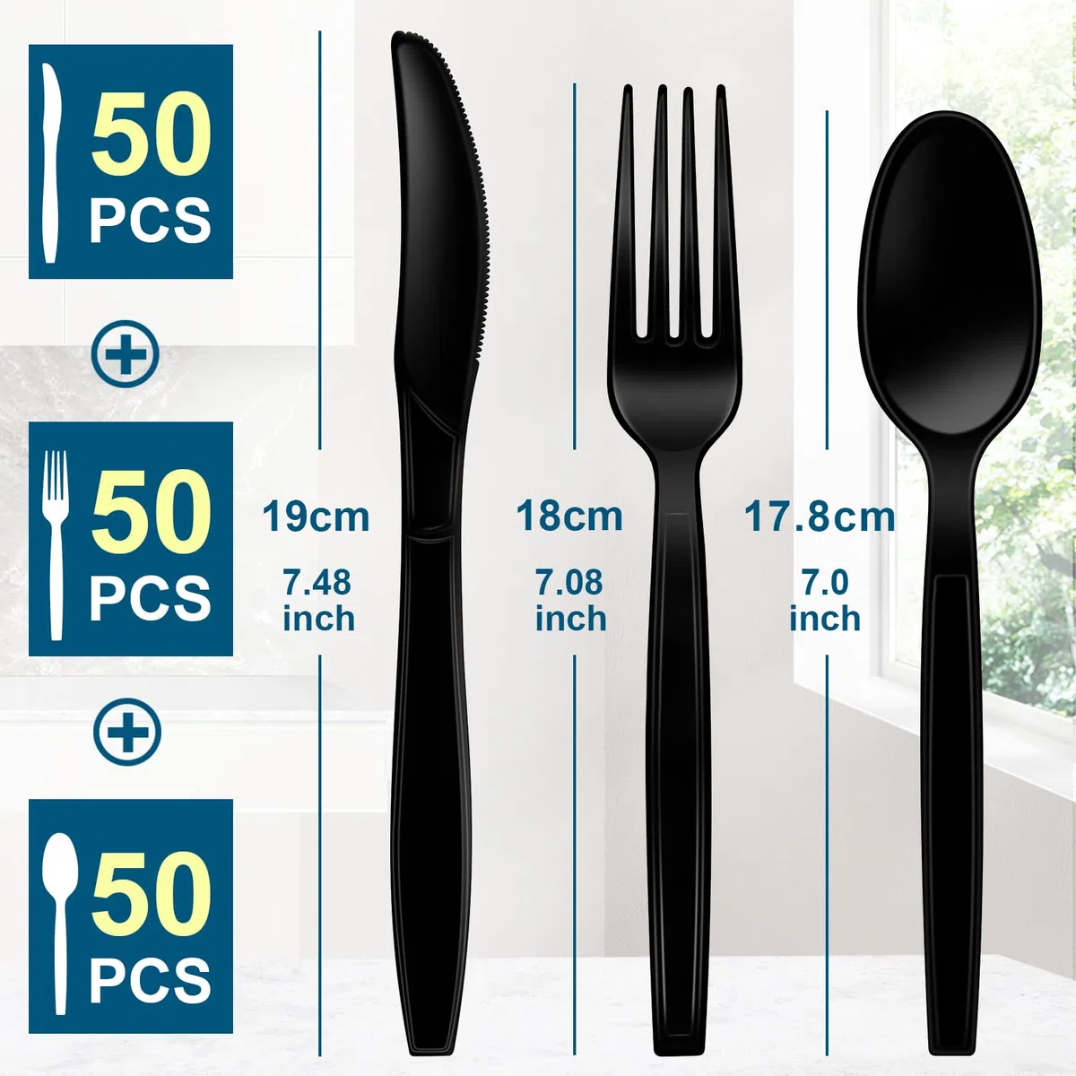 150 Stück Plastikbesteck, Strapazierfähiges Besteck Set aus Kunststoff, Wiederverwendbar, Partyutensilien, Familienfeiern, schwarz 1