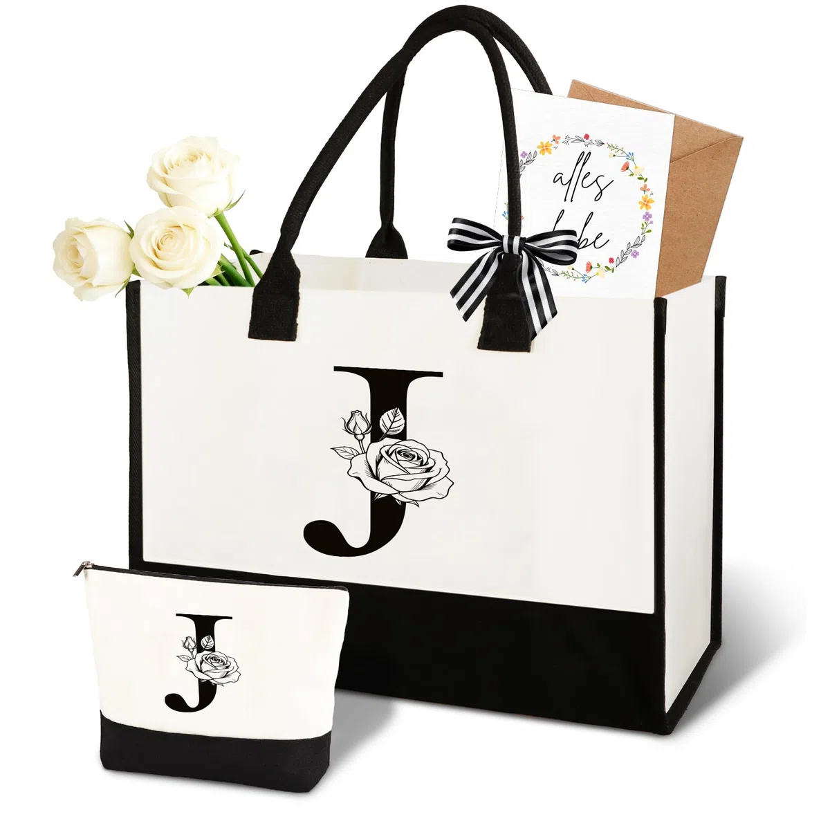 Geschenke für Frauen – Personalisierte Initial A-Z Canvas Einkaufstasche & Kosmetiktasche, Grußkarte – Praktisches & Emotionales Geschenk für Mama, Freundin, Kollegin oder Schwester