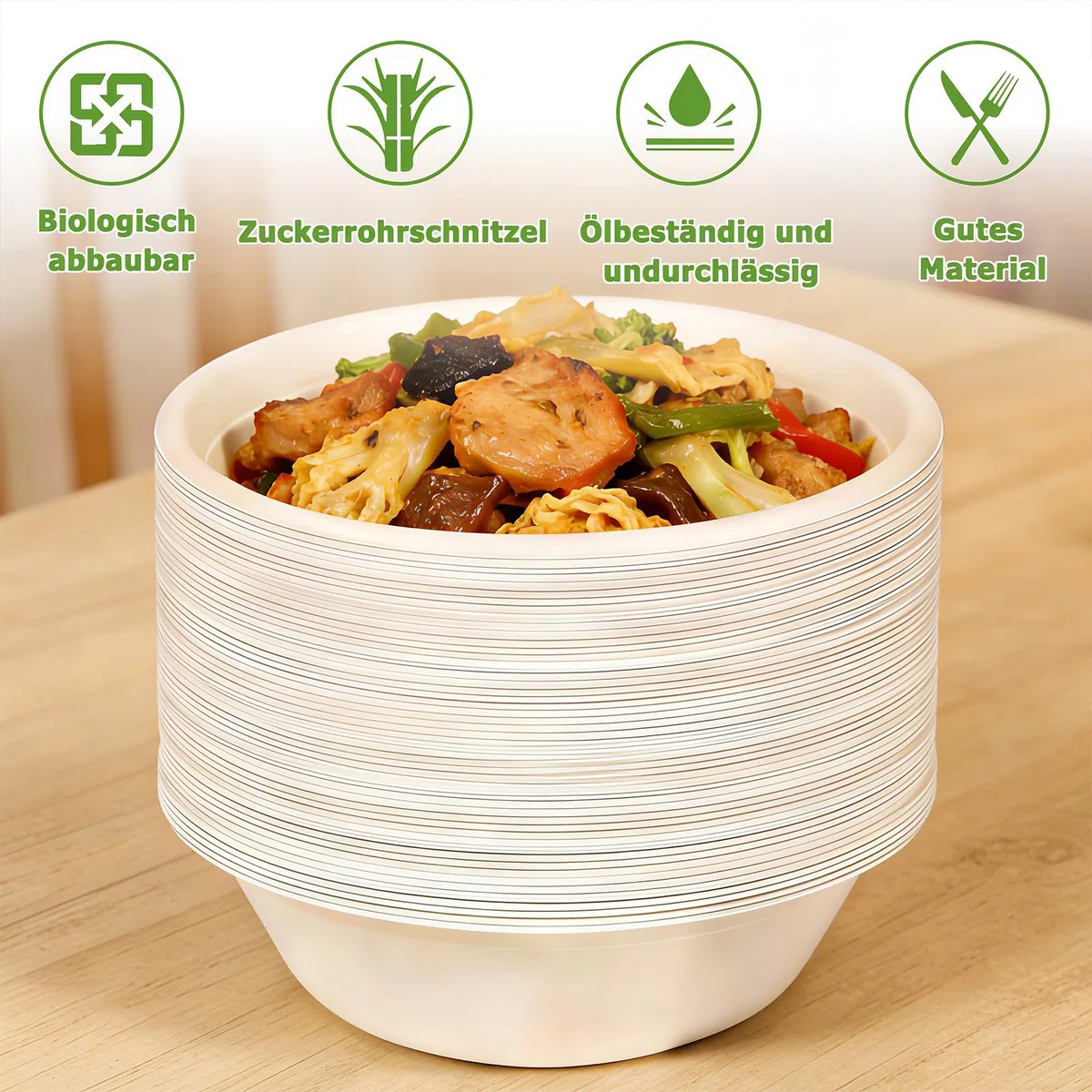 Einweg Suppenschalen, 100 Stück Einwegschüsseln aus Zuckerrohr, 620 ml Biologisch Abbaubar und Kompostierbar für Party Haushalt Picknick Natur