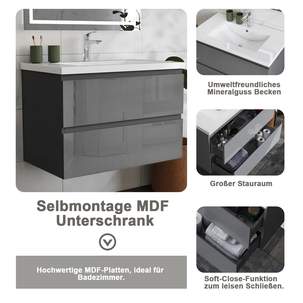Aica Sanitär Waschtisch mit Unterschrank 100cm Alast Badmöbel Set Hochglanz Anthrazit Waschbecken mit Unterschrank MDF Softclose