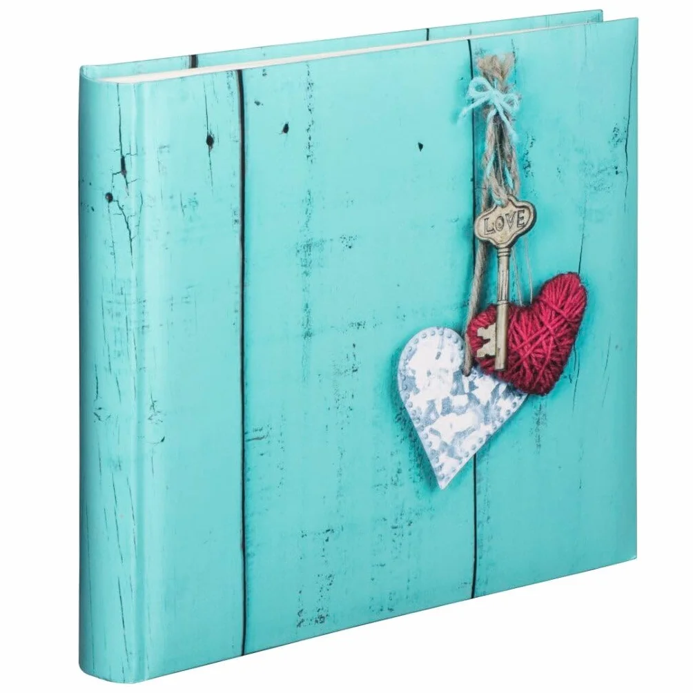 Hama Jumbo Fotoalbum, Hochzeitsalbum zum einkleben mit 100 weißen Seiten für bis zu 400 Fotos im Format 10x15, Album zum selbstgestalten, 30x30 cm, XXL Fotobuch mit Herz-Motiv in Vintage Stil, türkis