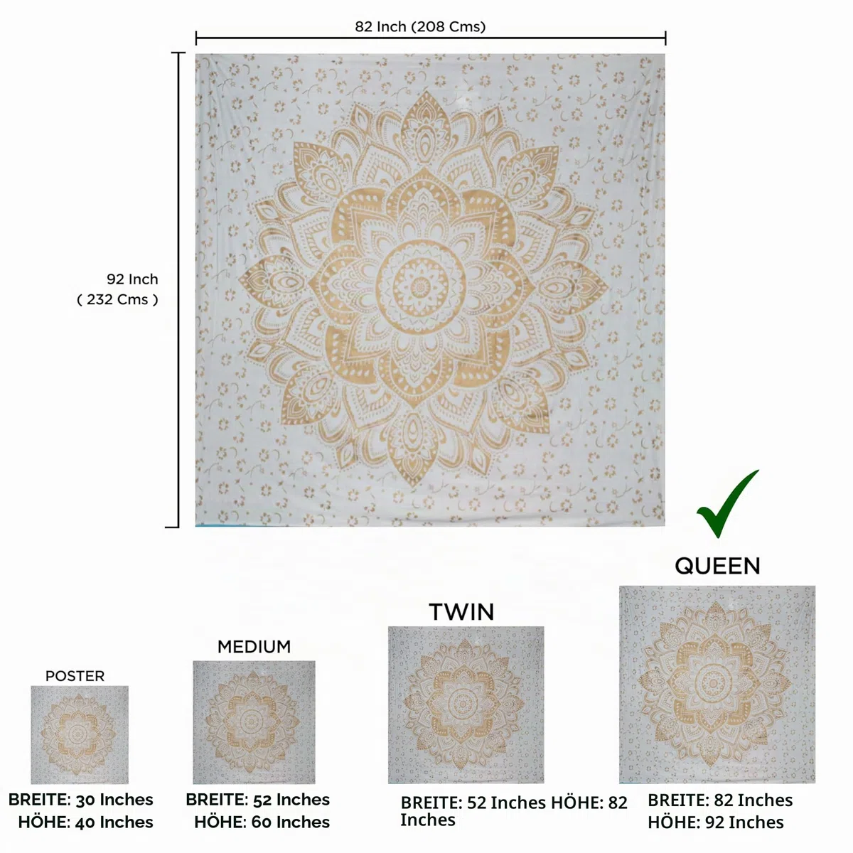 raajsee Indisch Wandteppich Mandala Weißes Gold Boho WandDeko, Aesthetic Room Décor, Wandtuch Mandala, Wandbehang Psychedelic 208X232 CM