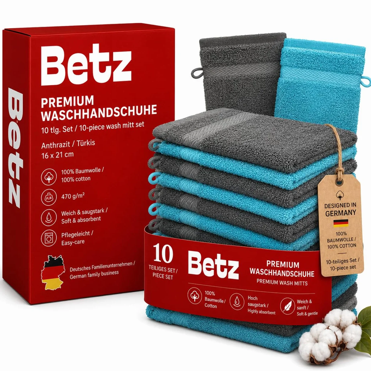 Betz Waschhandschuhe Premium 10 Stück 16x21 cm – 100% Baumwolle 470g/m² – Weiche Frottee Waschlappen – Pflegeleicht & saugstark – Farbe anthrazit und türkis