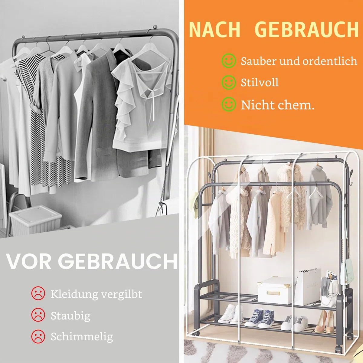 HEKOBAG Kleiderständer Abdeckung Transparent Abdeckhaube Kleiderstange 180 * 150 * 50cm Schutzhülle Kleiderständer Kleiderschutzhüllen mit Reißverschluss Staubdicht Schutz für Kleidung Anzug Mantel
