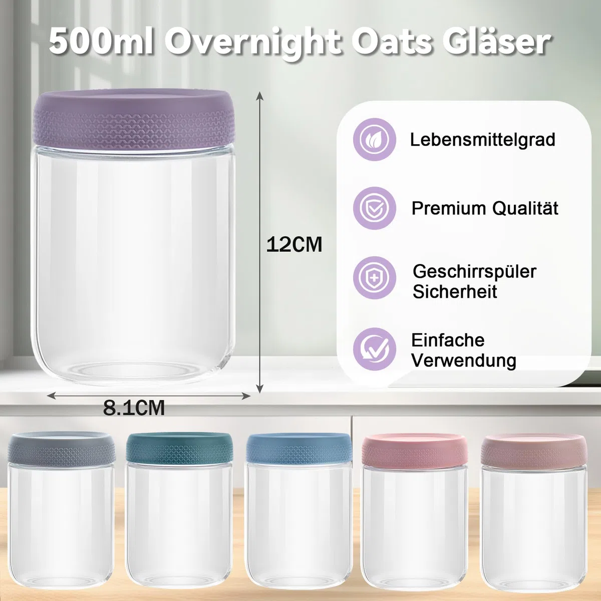 500ml Overnight Oats Gläser, 6 Pack Meal Prep Gläser mit Deckel und Löffel, Wide Mouth Gläser mit Deckel,Joghurtsnacks Obst, Salat Dressing, Sauce, Getreide-Leck Proof