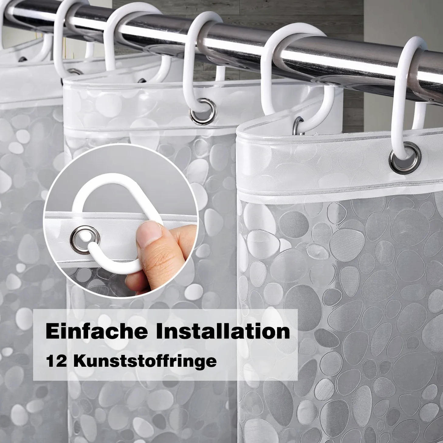 EurCross Antischimmel Duschvorhang 180x200 mit 3 Stärkere Magnete Unten,Transparent mit 3D Kieselsteinen Muster, Wasserdicht Eva Plastik Dusch Vorhang für Badewanne mit 12 Ringe