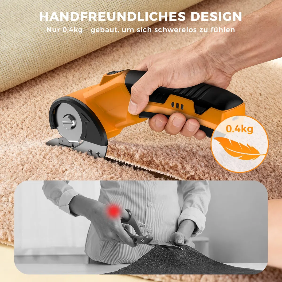 Kartonschneider 4V Elektrischer Schere Kabellose Rollschneider Universalschneider Wiederaufladbar Rotationsschneider Akkuschere für Papier, Pappe, Teppich, Leder, Filz, Kunststoff - mit Ersatzklinge
