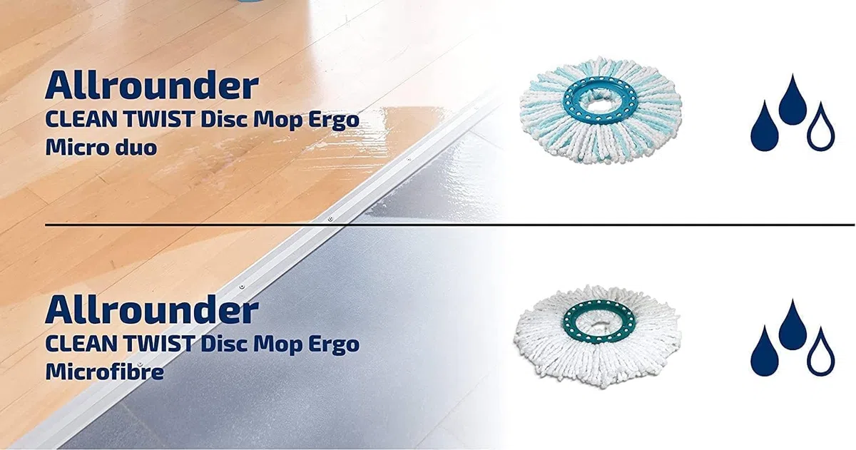 Leifheit 2er Set Ersatzkopf CLEAN Twist Disc Mop Micro Duo, für alle Bodenarten, ideale Schmutzaufnahme Dank 2-Faser-System, saugfähiger Microfaser, mit hoher Wasser- und Schmutzaufnahme, Ersatzbezug