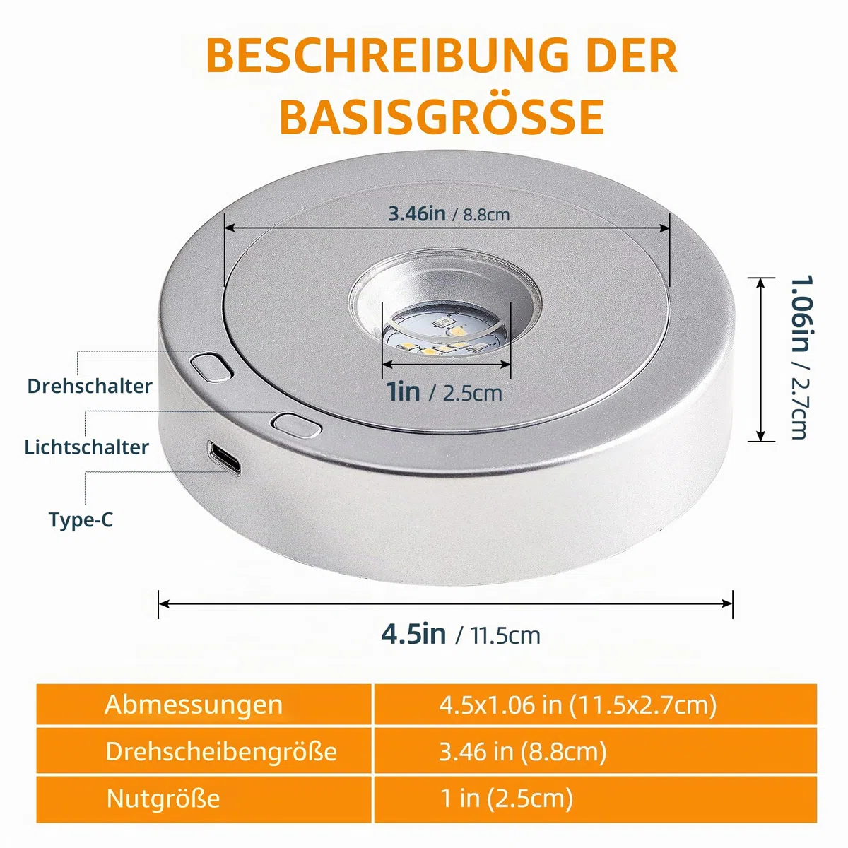EUSTUMA Rotierender LED-Display-Sockel, buntes Licht, Kristallständer, geeignet für kugelförmige Glaskristall-Kunstwerke, Urlaubsparty-Dekoration. (Silber)