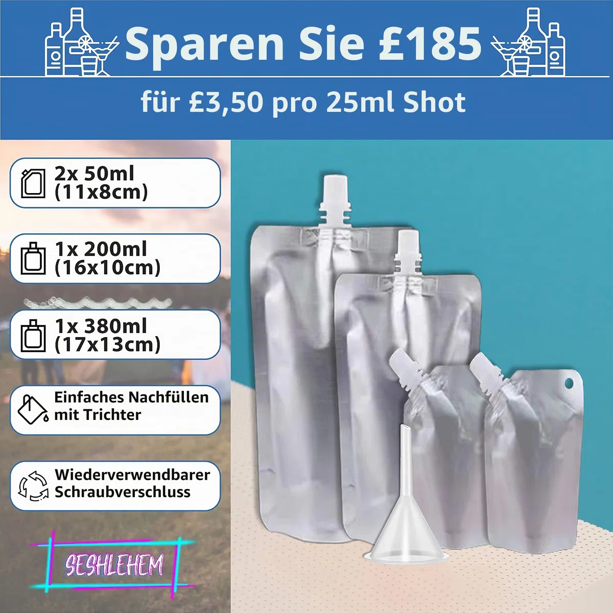 7er-Pack Geheimflaschen-Set – Sonnencreme + Handdesinfektionsmittel + Beutel – 1330 ml – Trinkbeutel für Festivals – Schleichen Sie Alkohol überall – in Großbritannien ansässige Marke