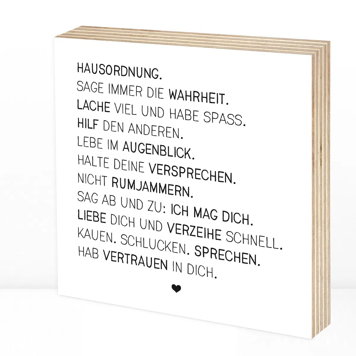 Wunderpixel® Holzbild Hausordnung - 15x15x2cm zum Hinstellen/Aufhängen, Spruch auf Holz - schwarz-weißes Wand-Bild Aufsteller zur Dekoration Zuhause oder als Geschenk-Idee