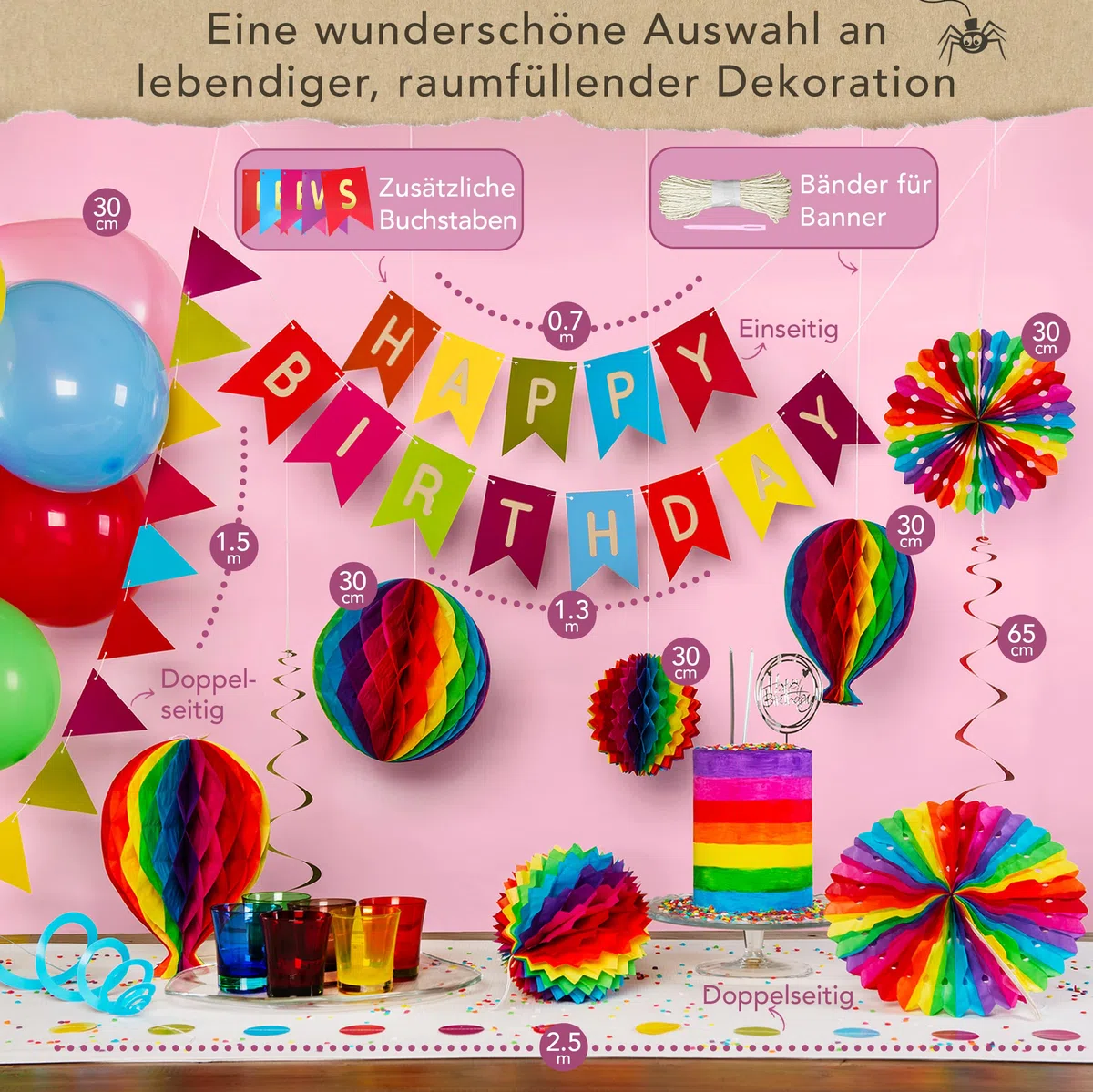 Premium Wiederverwendbare Geburtstagsdeko - Deko Geburtstag / Party Deko - Luftballons, Happy Birthday Girlande, Wimpelkette Geburtstag, Wabenbälle - Happy Birthday Deko (Regenbogen + Ballons)