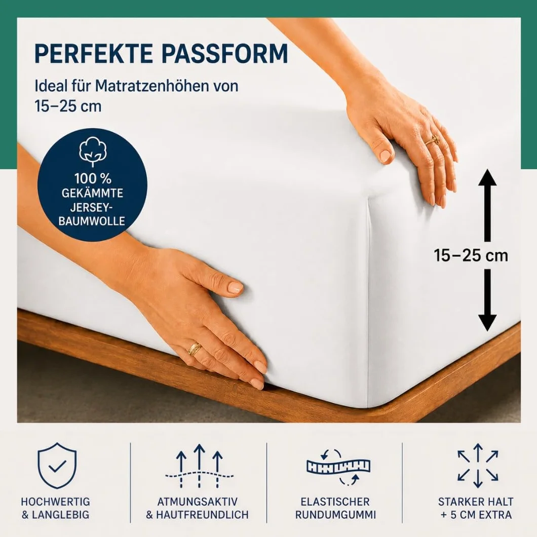 VelvetHome Spannbettlaken 140x200cm 100% gekämmte Baumwolle, Jersey Spannbetttuch für Matratzen bis 25 cm Höhe, Oeko-Tex Zertifiziert, bügelfrei, elastisch, atmungsaktiv, weich, Dunkelgrün