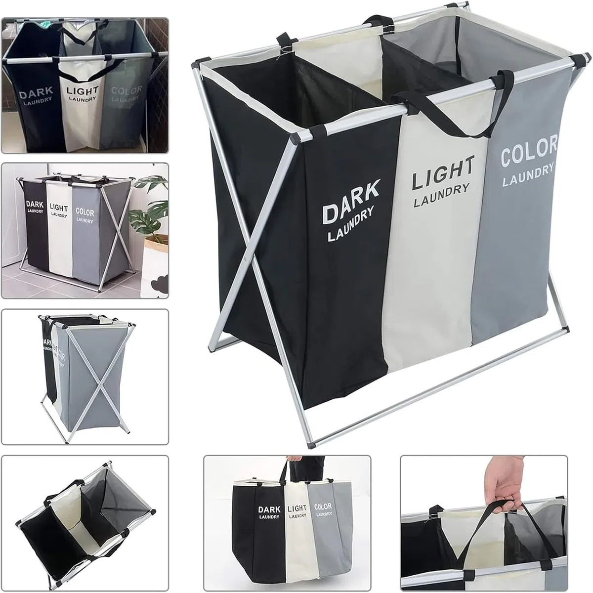 Wäschekorb, 155L Wäschesammler Mit Ablage, Wäschekorb 3 Fächer, Wäschesack Laundry Baskets Aus Oxford-Gewebe Ausziehbar Abnehmbar 64 X 35 X 62 cm Pfandflaschen Sammelbehälter