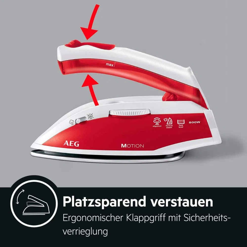 AEG DBT 800 Reise-Dampfbügeleisen (Variabler und kontinuierlicher Dampf, ergonomischer Klappgriff, inkl. Reisebeutel, Edelstahl Bügelsohle, Dampfstoß 45g/Stoß, 60 ml Wassertank, 1,9 m Kabel, rot/weiß)