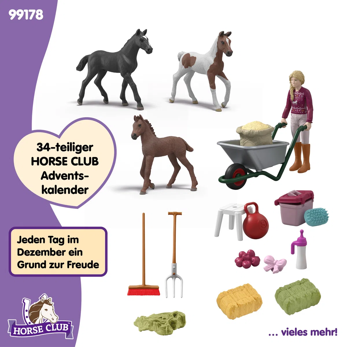 schleich Horse Club | Adventskalender Horse Club 2025 – Weihnachtswunder Fohlenaufzucht 99178 | mit beweglicher Figur Sofia, 3 Pferdefiguren & Zubehör | Geschenkidee für Kinder ab 5 Jahren | 34 Teile