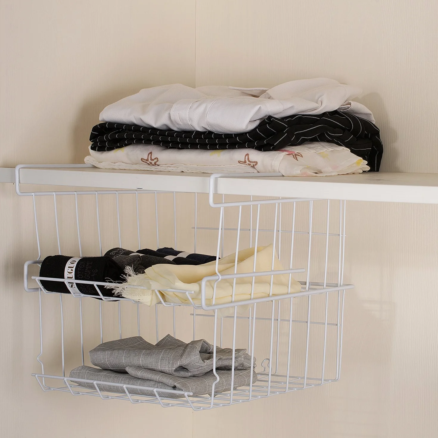 Unterregal Aufbewahrungskorb, 2er-Pack Unterregal Hängender Metalldraht Aufbewahrungskorb Organizer für Küche, Büro, Speisekammer, Bad, Schrank, Weiß