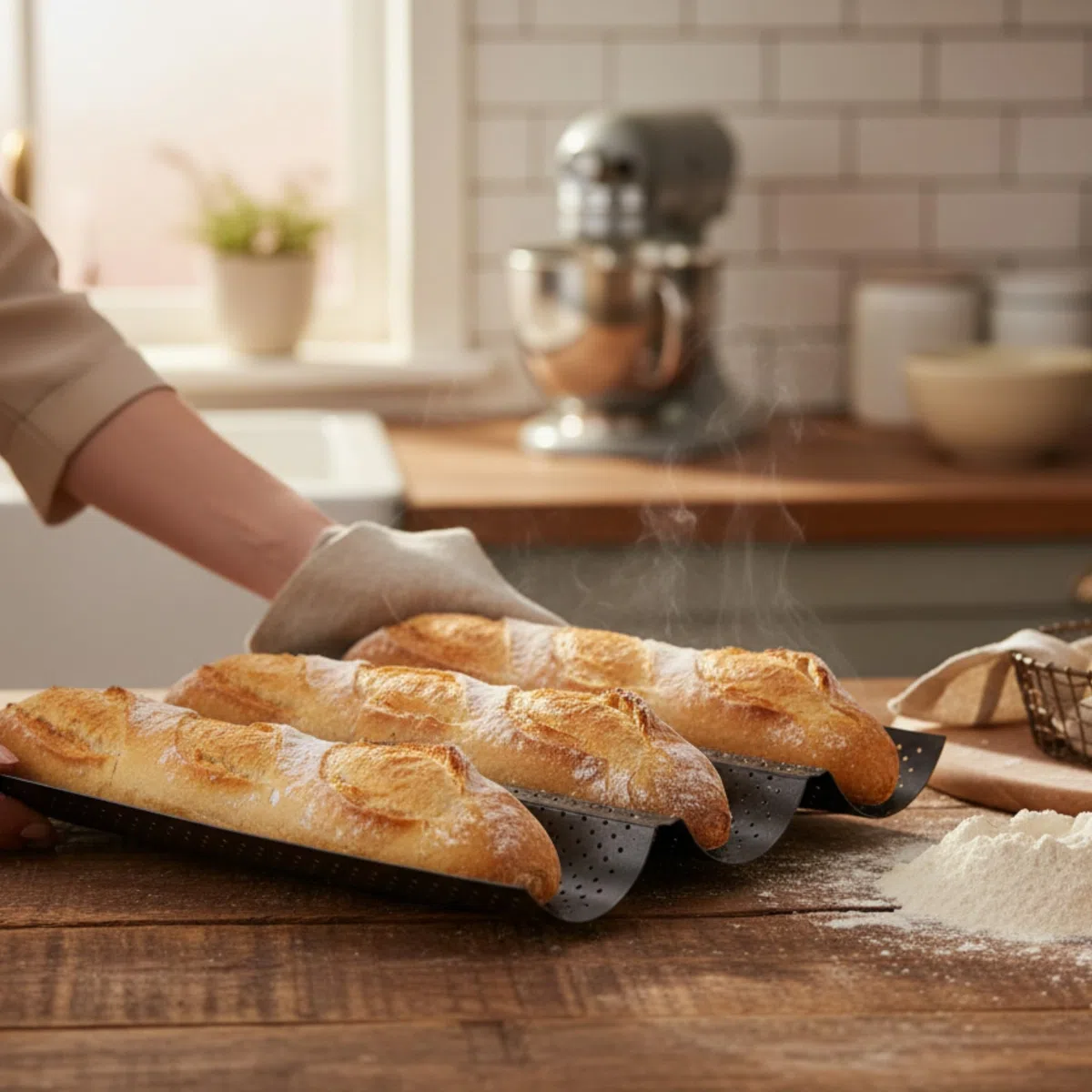 Meinposten. Baguetteform Blech für 3 Baguettes Antihaftbeschichtet Baguetteblech, Schwarz, 38 x 24 cm, Karbonstahl, Baguette, belegte Croques-Hälften, klassisch antihaft