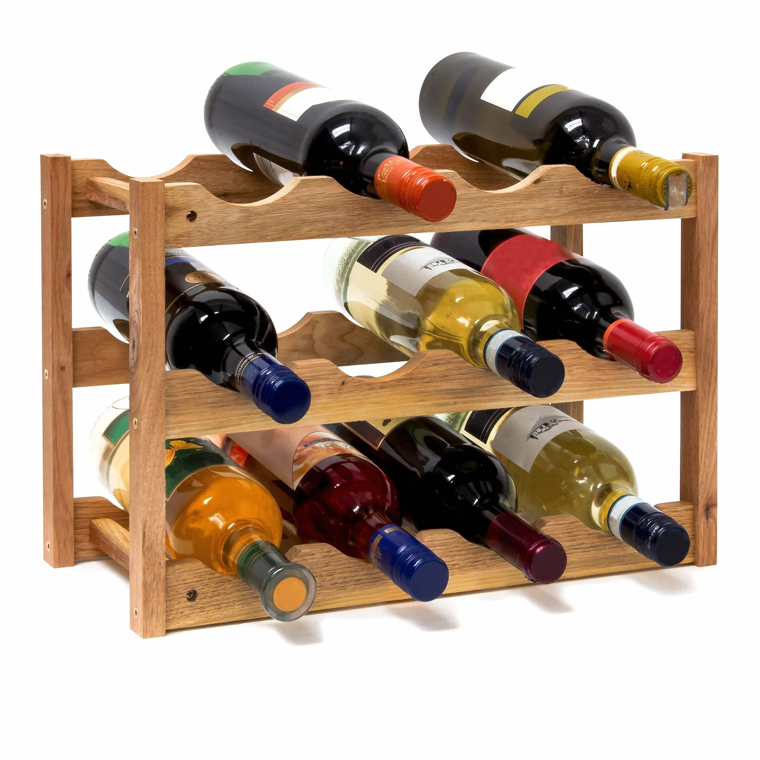 Relaxdays klein, Flaschenregal 12 Flaschen Wein, H x B x T: 28 x 21 x 42 cm, natürlich, Holz, Weinregal Walnuss mit 3 Ebenen