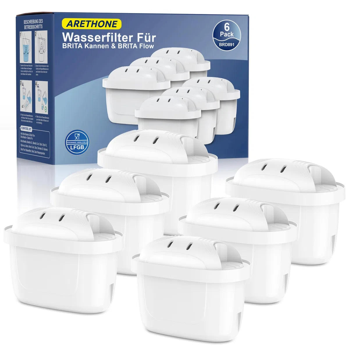 ARETHONE Wasserfilter für Brita Filter: Maxtra+ und Maxtra Pro, Filterkartuschen Kompatibel mit Brita Glas, Marella, Style, Aluna Kanne, Kalkreduktion Geräteschutz (6 Stück)