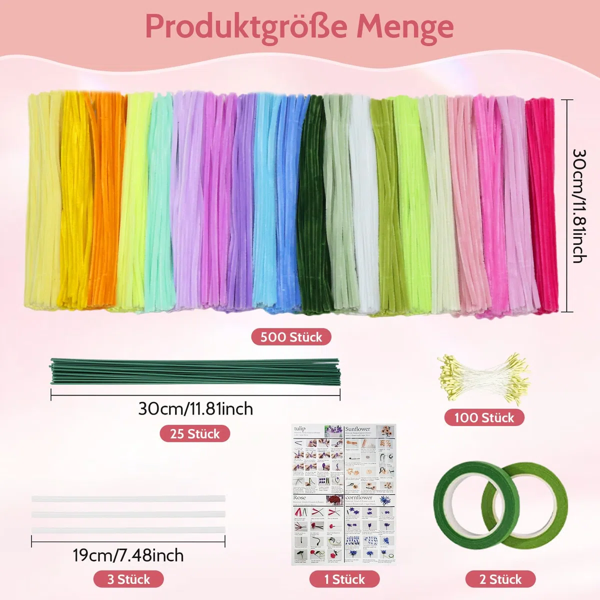 500 Stück Pfeifenreiniger Blumen Set, 20 Farben Pfeifenputzer zum basteln | Pipe Cleaner mit 25 Stück Blumendraht Grün, Klebeband, Geeignet als Geschenk zum Valentinstag und Weihnachten