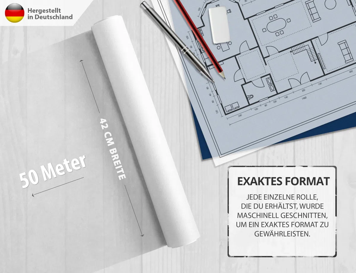 ELES VIDA Schnittmusterpapier Rolle 42 cm x 50 Laufmeter 35g /m – Premium Blanko Transparent Papier Rolle – Zeichenpapier, Schnittmuster zum Nähen für Schneider, Papierschnittmuster