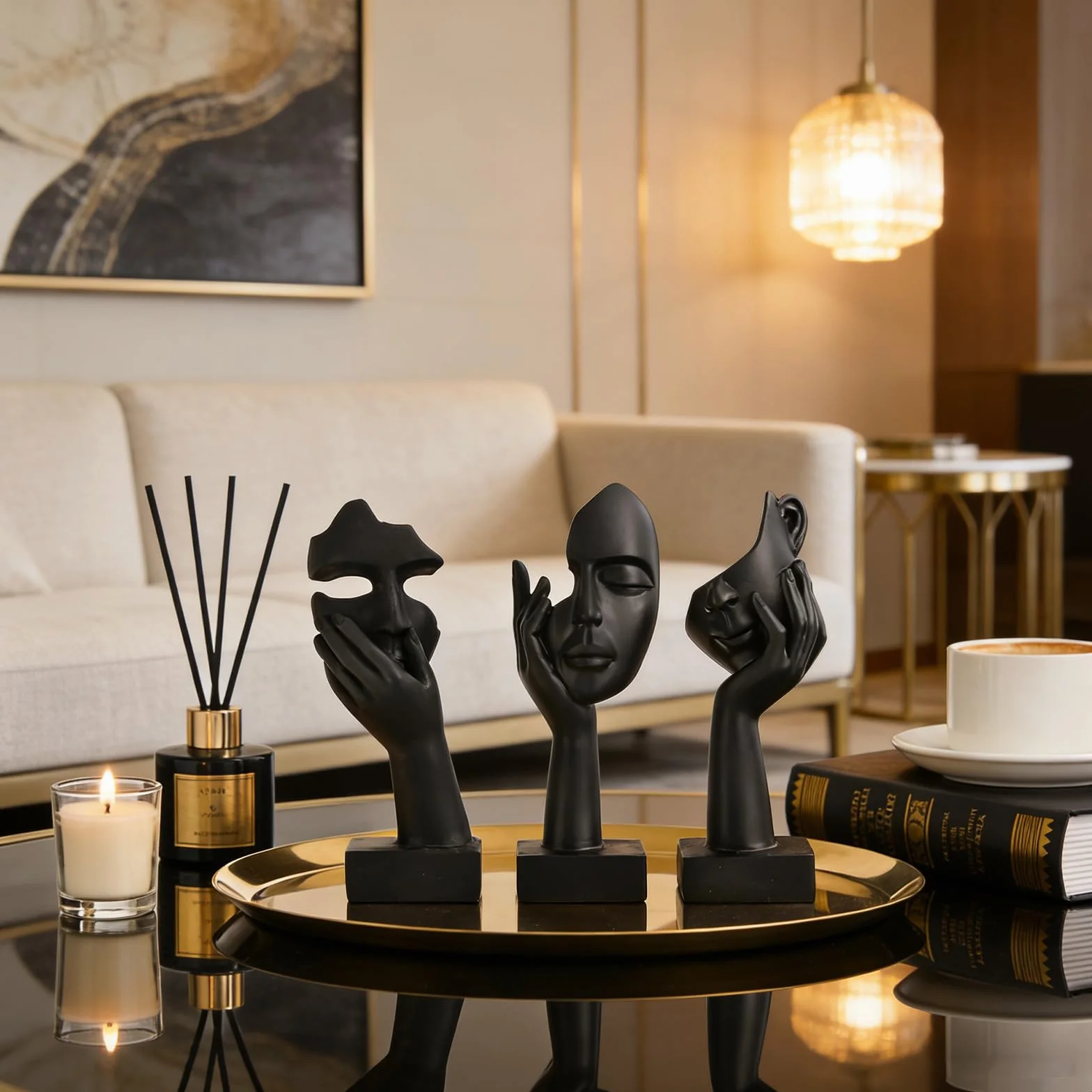 Schwarze Heimdekoration Akzentkunst Frau Gesicht Statue Sammlerstück Statue für modernes Zuhause Wohnzimmer Bücherregal Schwarz Schreibtisch Dekor 3-teiliges Set