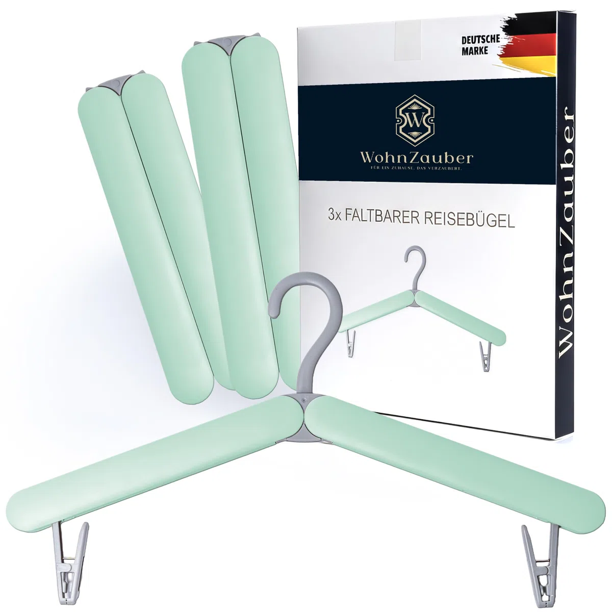 Faltbare Reise Kleiderbügel 3er Set | Platzsparend & Leicht | Ideal für Urlaub, Camping, Hotel & Zuhause | Klappbare Kleiderbügel mit Clips (Grün)