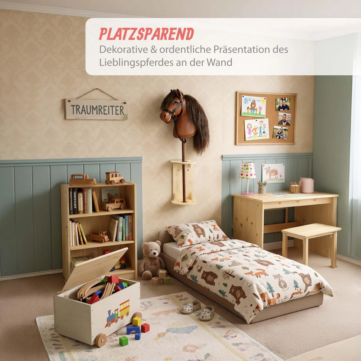 Relaxdays Steckenpferd Halter, Wand, Hobby Horse Aufbewahrung, HBT: 35x15x15 cm, Kinder, Stabpferd Stall, Holz, Natur