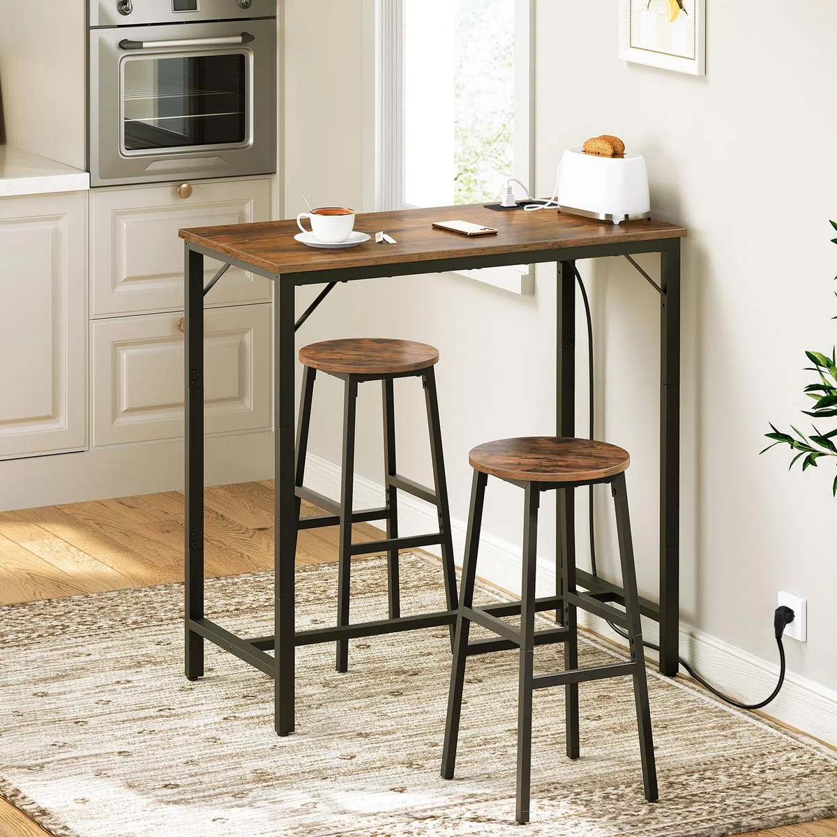 HOOBRO Bartisch mit Ladestation, Küchentisch, rechteckiger Stehtisch, untere Querstrebe, dreieckige Stützstruktur, Langer schmaler Bartisch, Vintage-Stil, rustikales Braun EBF90CBT01