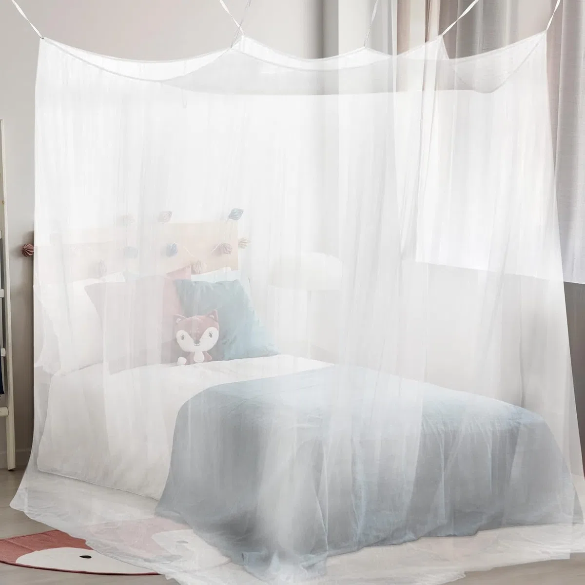 Moskitonetz Einzelbett, Quadratische Moskitonetze mit 6 Aufhängepunkten Klebehaken, Großes Mückennetz für Bett, Mückennetz Bett für Einzelbett, Insektenschutz für Reise und Zuhause100x200x200cm