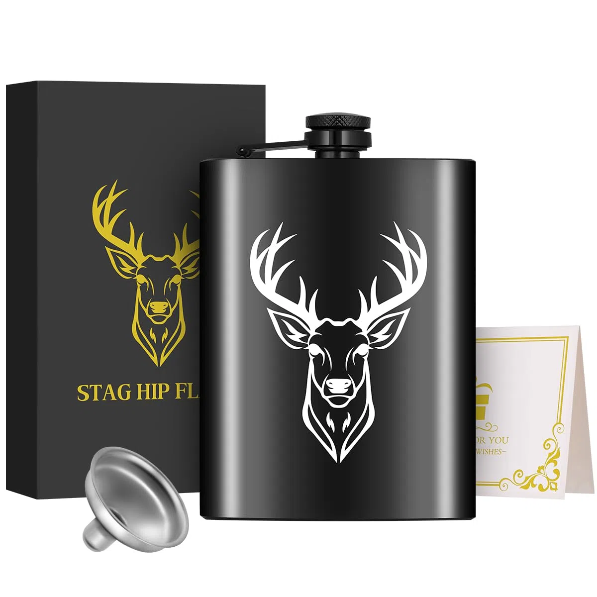 8oz/237ml Edelstahl Flachmann, Taschenflasche, mit Trichter und Grußkarte, Geschenkbox, Weißer Hirschkopf Muster, Geschenk für Outdoor Flachmann, Perfekt für Camping, Wandern und Outdoor Aktivitäten