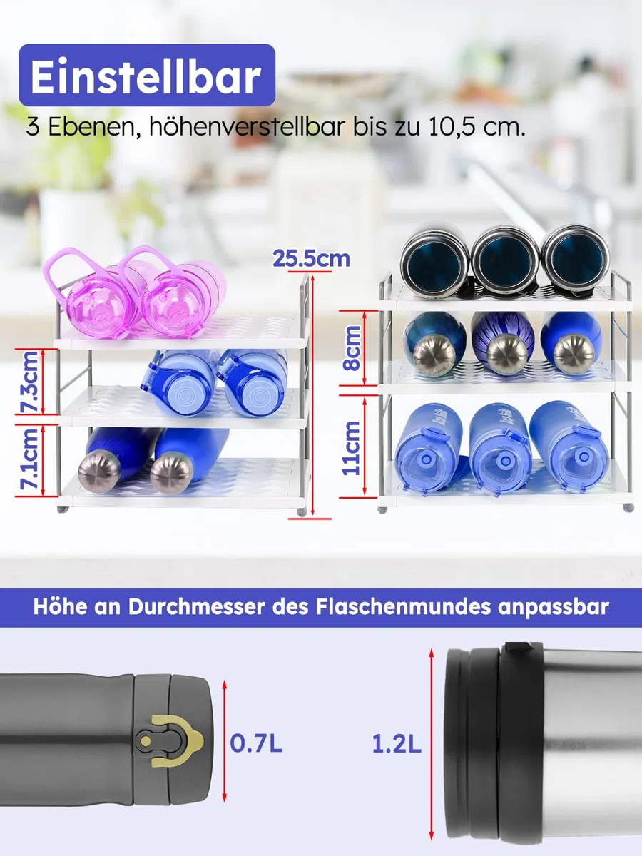 Ausziehbarer Flaschen Organizer 27-42 cm breit, 3 höhenverstellbare Ebenen mit rutschhemmender Wellenstruktur, für große 1,18-L-Becher, Kühlschrank, Küchenschrank, Arbeitsplatte und Büro