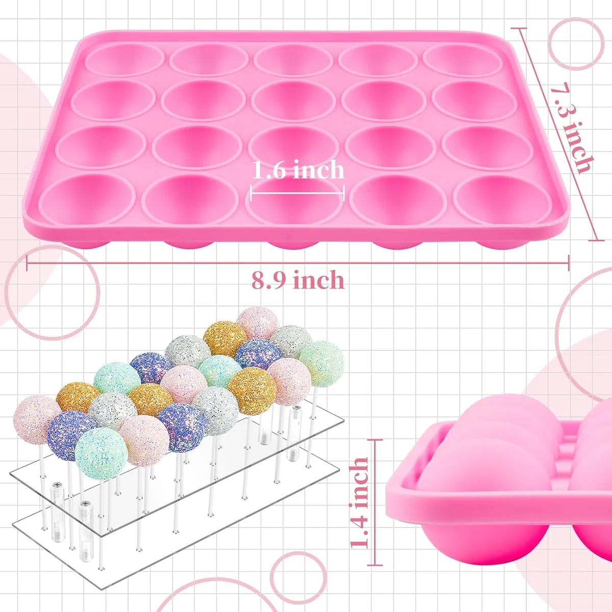 Cake-Pop-Form-Set, komplettes Set mit 1 x 20 Mulden, Silikon-Kuchenform, 21 Löcher, transparenter Acryl-Lutscher-Halter, 100 x transparente Beutel, 100 x Stäbchen und 100 x Bindebänder