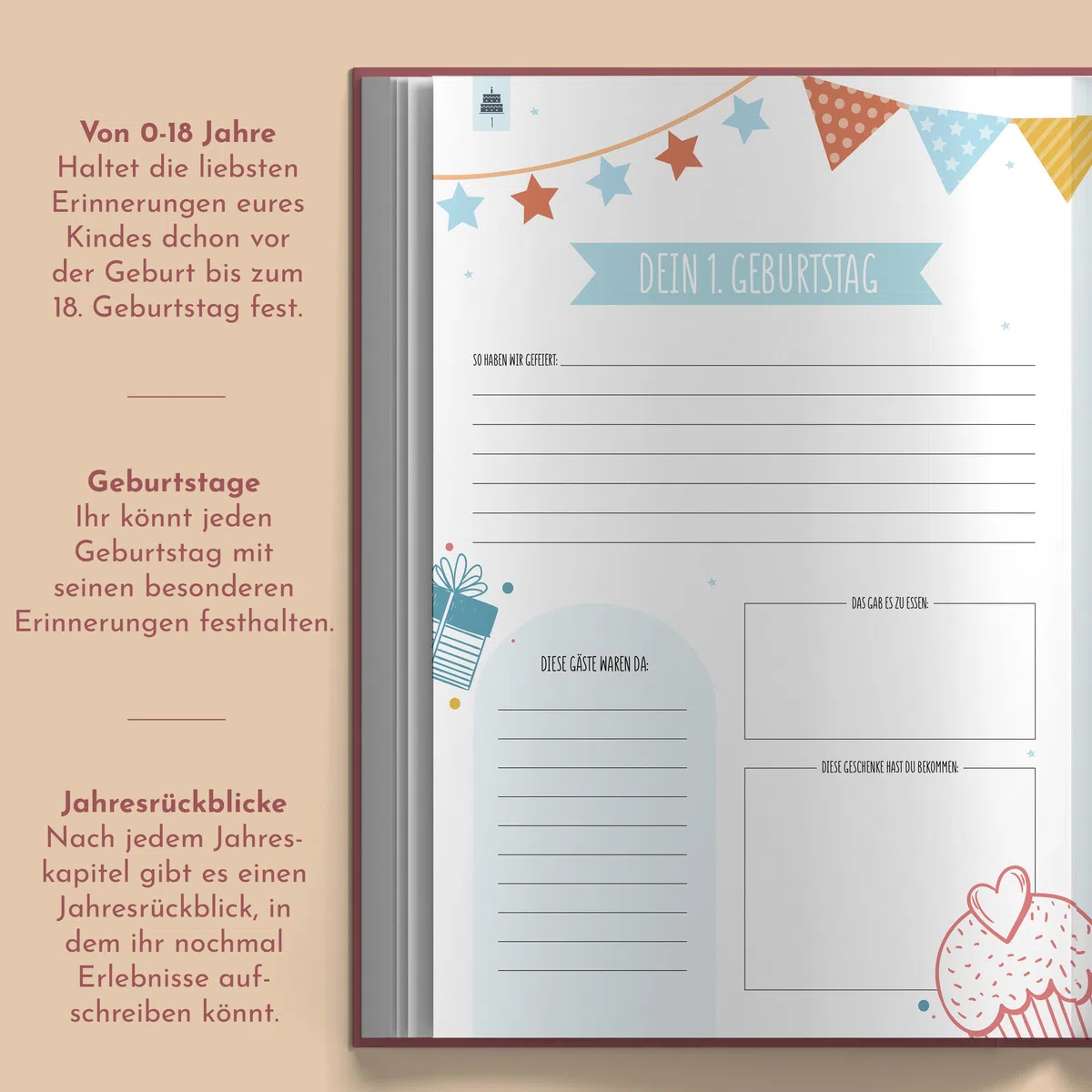 Erinnerungsalbum groß zum Ausfüllen in hochwertigem Hardcover Einband im A4 Format (21x29,7cm) - Deine ersten 18 Jahre - 208 Seiten viel Platz für schöne Erinnerungen - von Sophies Kartenwelt