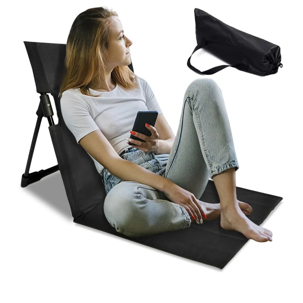 Strandmatte mit Rückenlehne, Bodenstuhl Gefaltetes Sitzkissen mit Tasche, Strandliege Klappbar Leicht Verstellbare, Tragbar Strandmatte Klappbar für Garten Camping Picknick Strand (Schwarz)