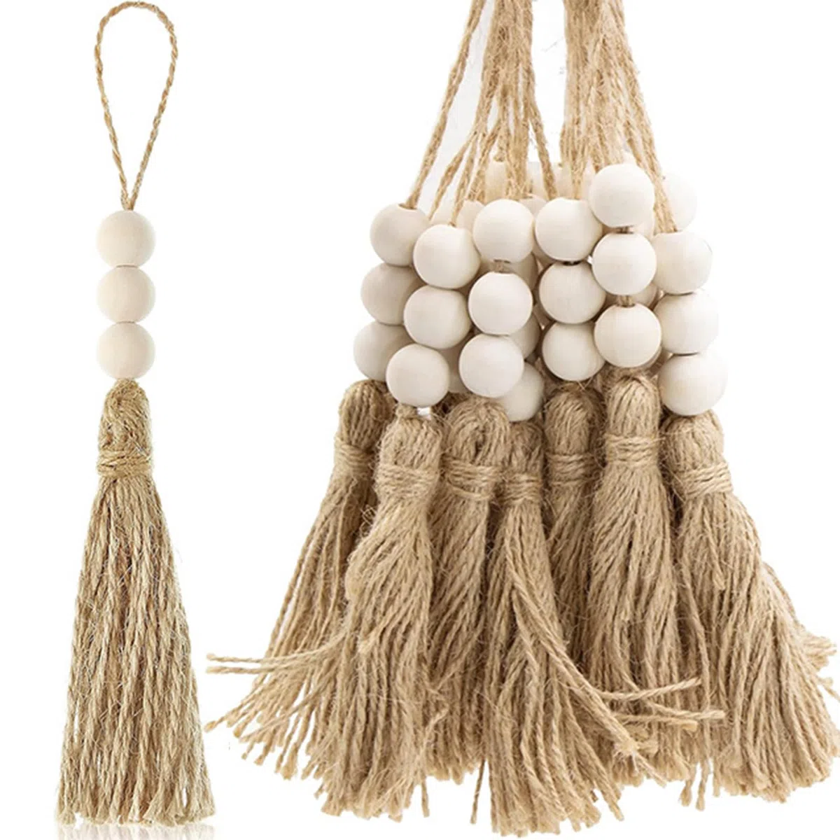 20 Stück Juteseil Quasten mit 3 Holzperlen, Natürliche Holzperlen Girlande, Rustikale Bauernhaus Dekoration für Weihnachtsbaum, Tür, Fenster, Hochzeit, DIY Handwerk (Naturfarbe)