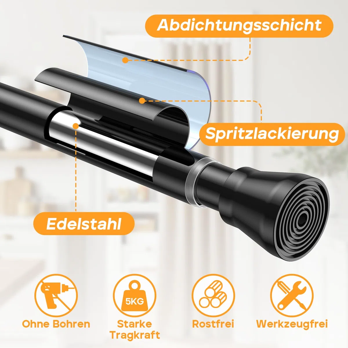 1Stück Teleskopstange ohne Bohren 120-200CM (passt für 120-196,5CM) - Gardinen- und Duschvorhangstange, Rostfrei & Verstellbare Klemmstange für Vorhänge, Dusche, Fenster, Badezimmer - Schwarz