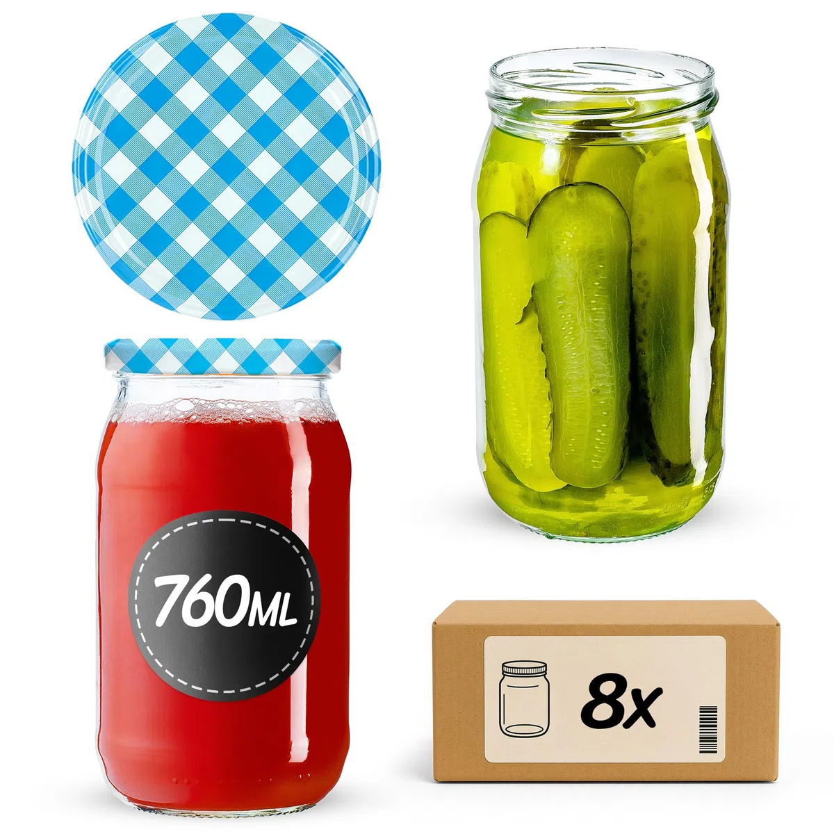 KADAX 8er Set Einmachgläser 760ml TO82 Blau kariert, Große Sturzgläser mit Schraubdeckel, Einkochgläser Fermentierglas für Gurken, Gemüse, Sauerteig