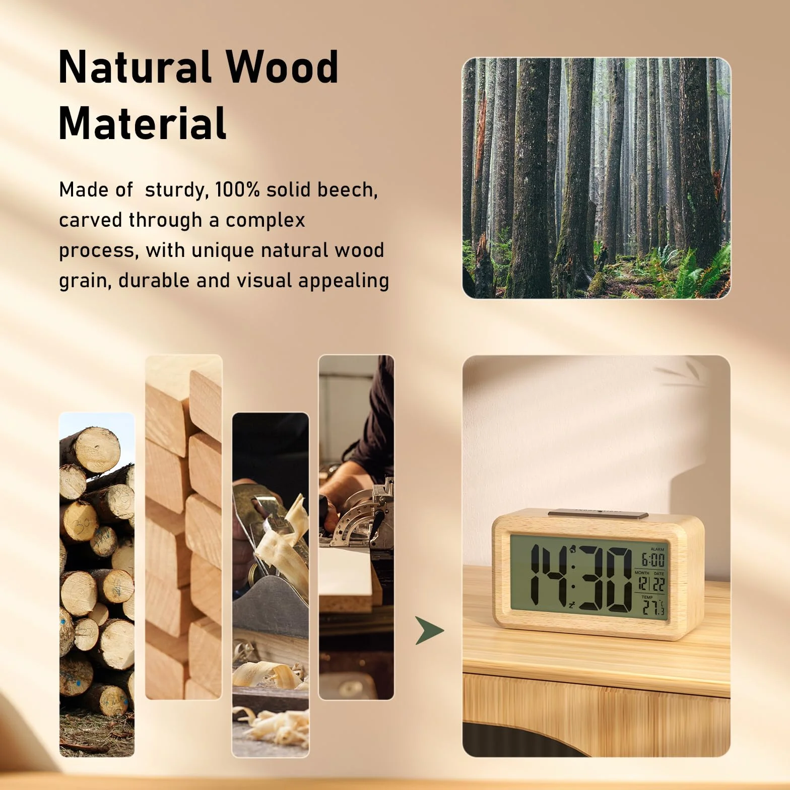 Wecker Digital aus Holz mit Großem LCD-Display, Datum, Temperatur, Automatischem Lichtsensor, Snooze-Funktion, Batteriebetrieben (3 AAA-Batterien im Lieferumfang Enthalten)