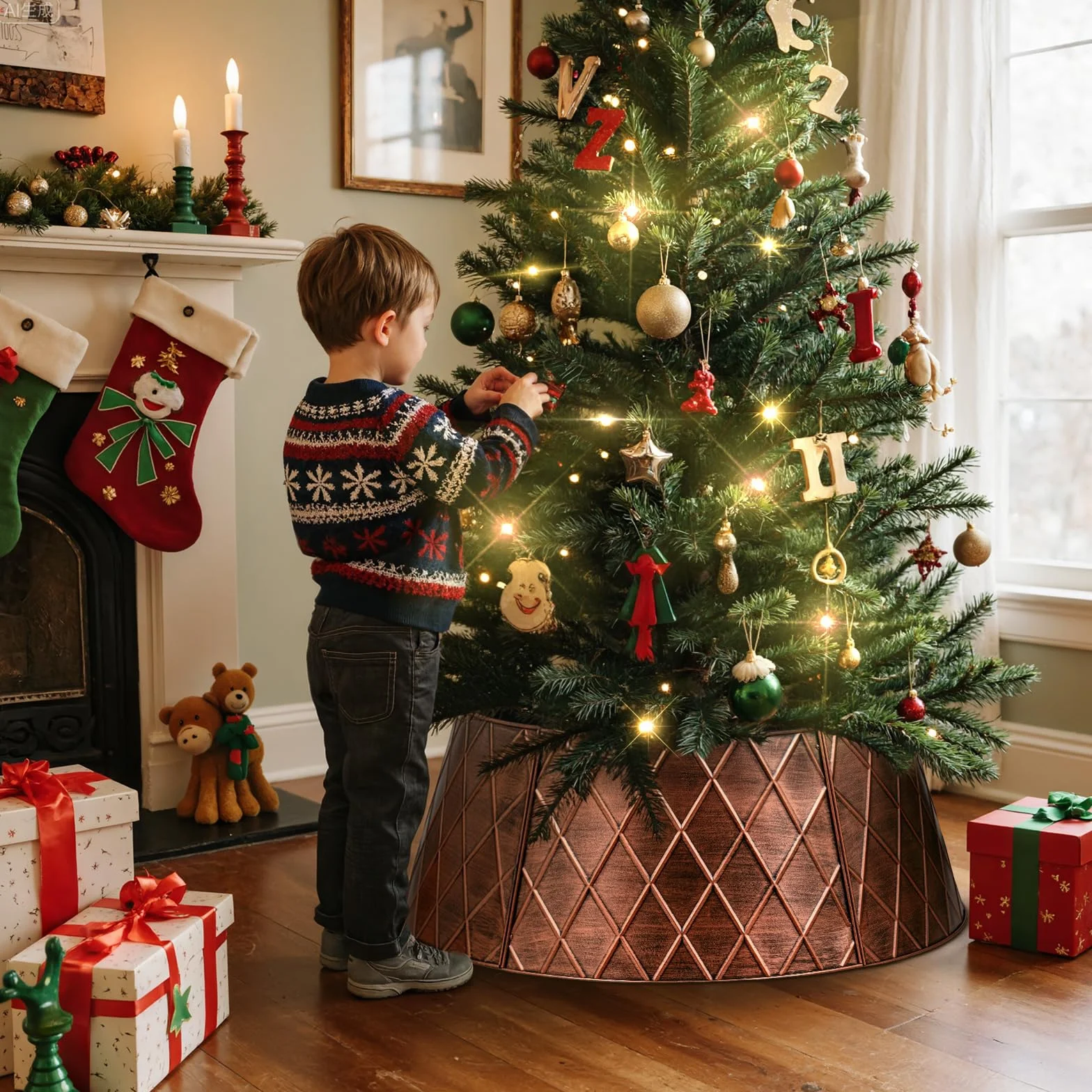 Lanpn Metall Weihnachtsbaum Kragen 50cm, Weihnachtsbaum Halsband Christmas Tree Collar Für Klein Mini S Wetterfest Für Kunstbäume Innen Außen - Weihnachtsdekoration (Kupfer, Raute)