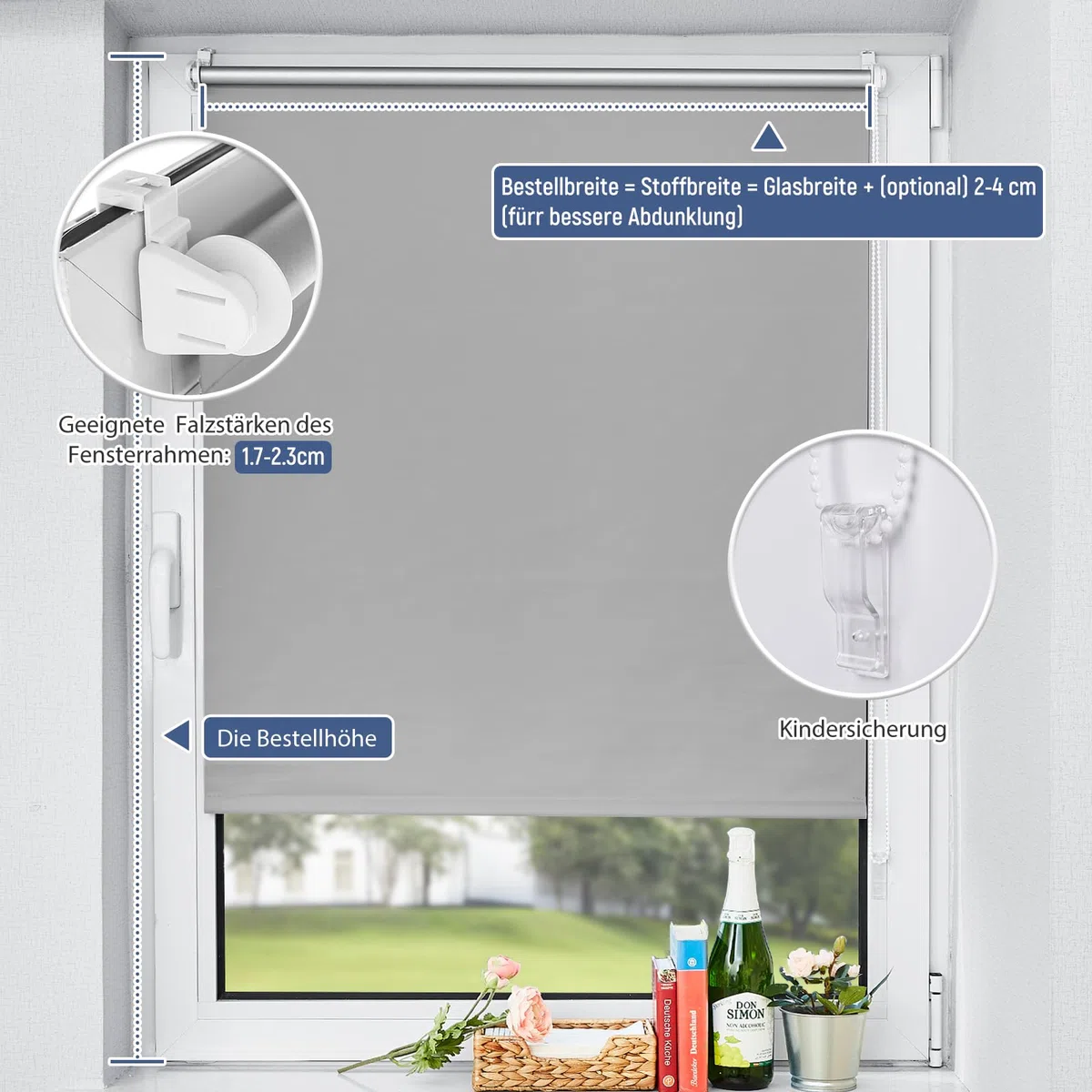 Verdunklungsrollo ohne Bohren Hellgrau B65 x H130 cm Klemmfix Rollo Innenrollo Thermorollo Klemmrollo für Fenster