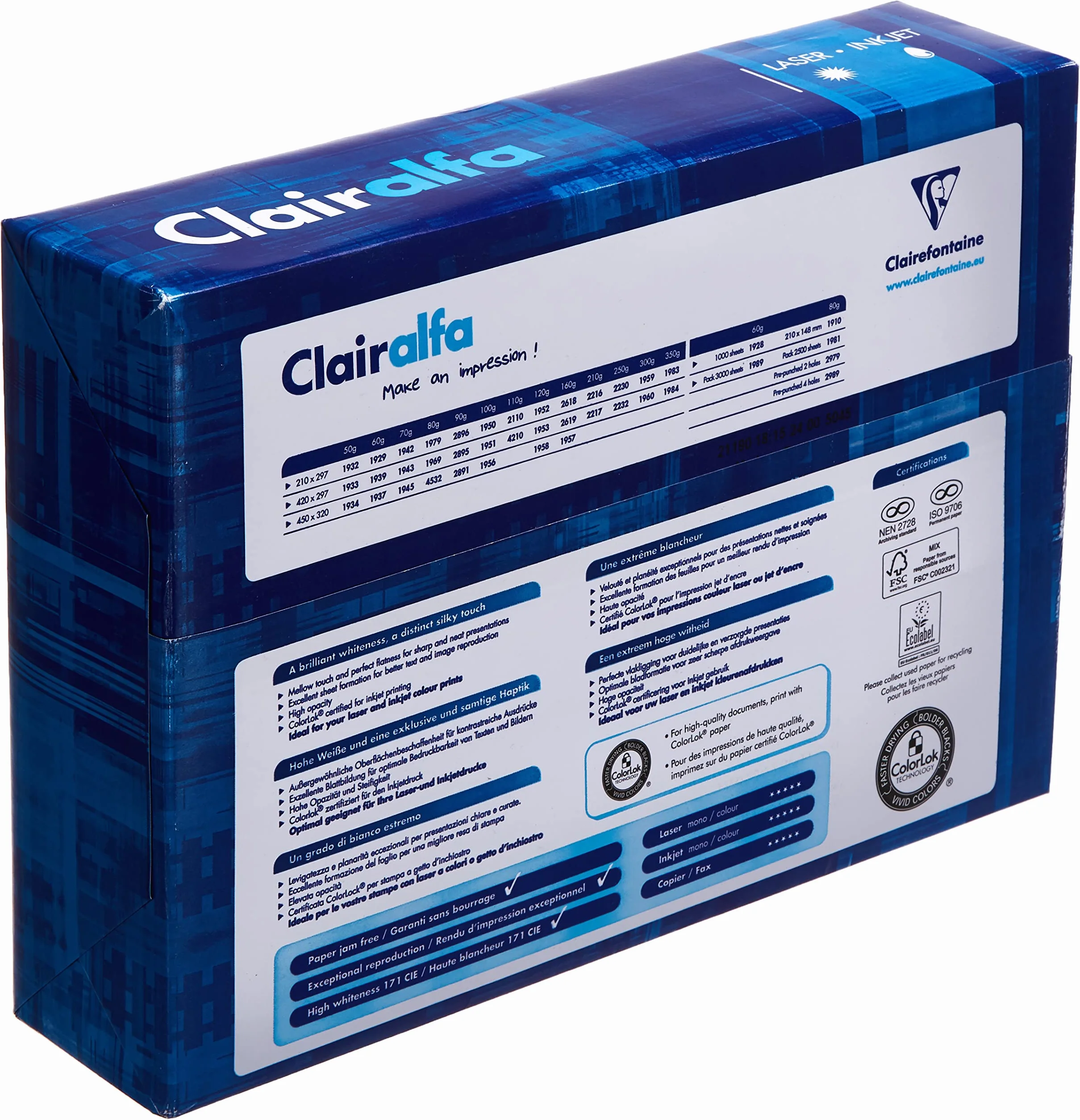 Clairefontaine 2216C - Ries Druckerpapier / Kopierpapier Clairalfa, extraweiß, DIN A4, 210g, 250 Blatt, Weiß, 1 Ries