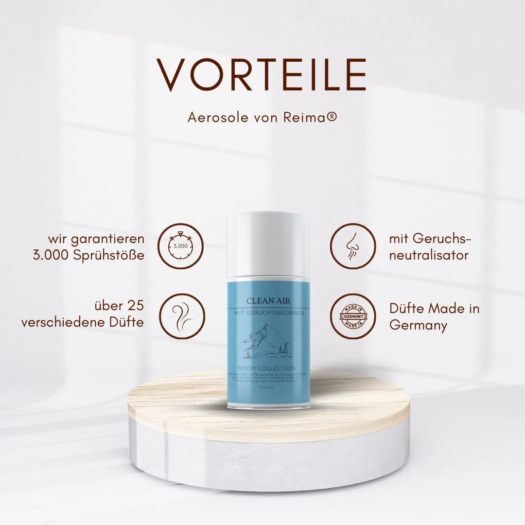 Duftspray "Clean Air" | Lufterfrischer für automatischen Duftspender oder zum manuellen Sprühen | Raumduft von REIMA | mit Geruchsabsorber | frische Luft im Handumdrehen