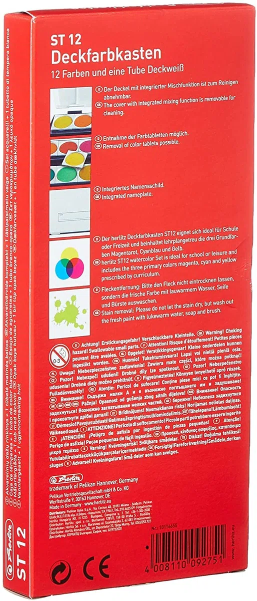 Herlitz 10116655 Schulmalfarben bzw. Deckfarbkasten, 12 Farben inklusive Deckwei? (Schulmalfarben + 12 Pinsel)