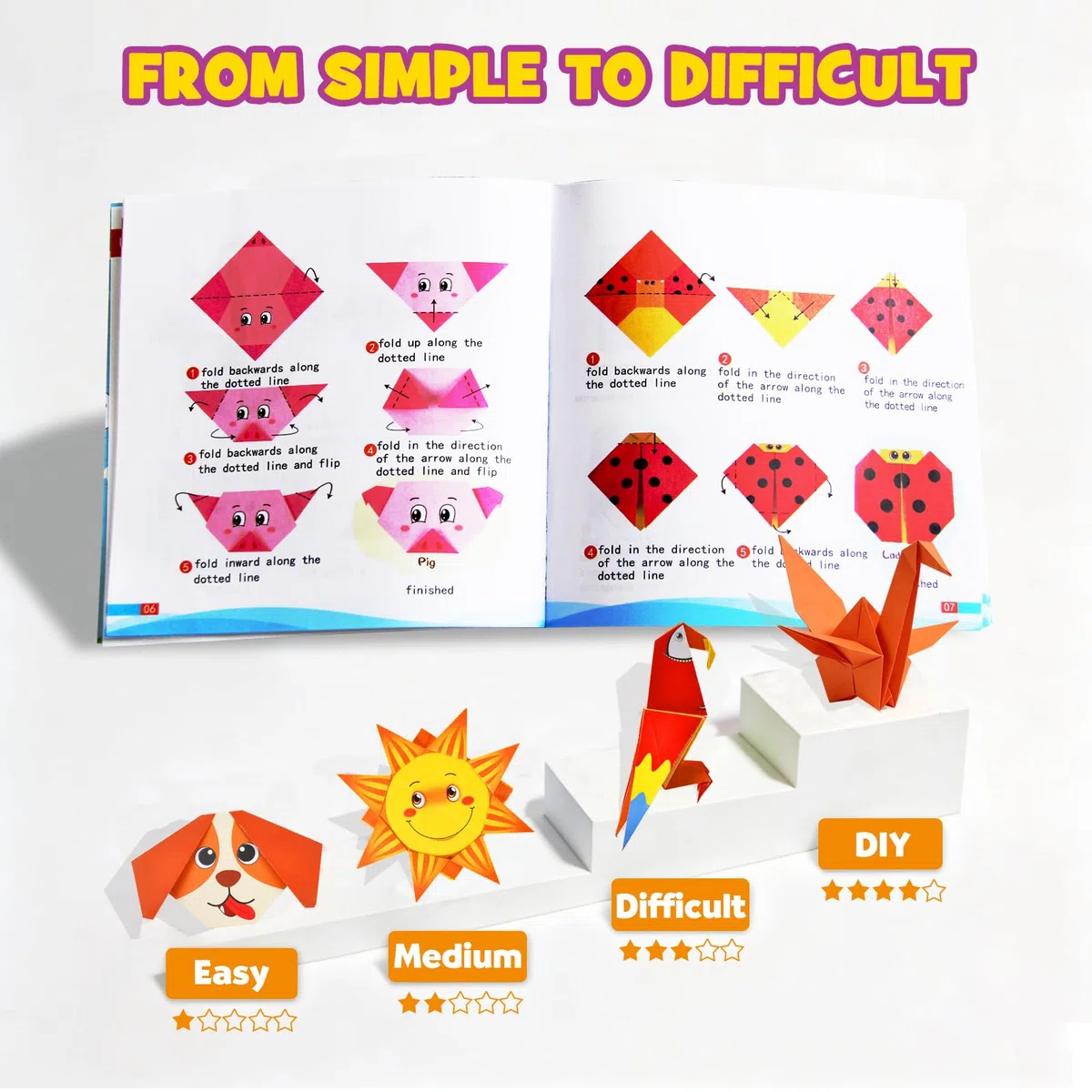 Pigipigi Kids Origami Papier Set für Kinder, 208 Blatt mit 54 verschiedenen Motiven und Bastelanleitung, Kreatives Bastelmaterial für Mädchen und Jungen ab 4 Jahren (Tiere)