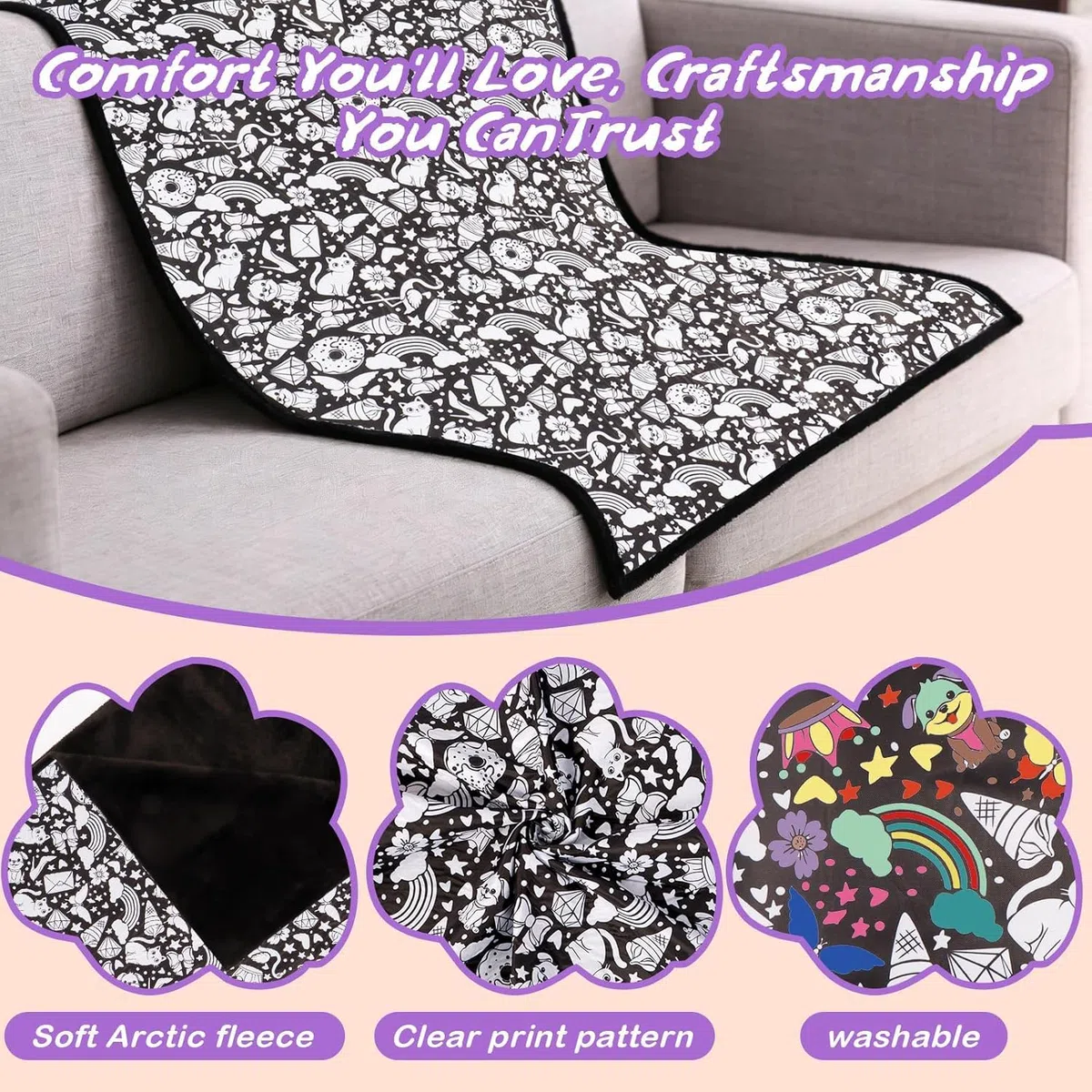 FIENZA DIY Färbung Decke Maldecke 150 * 125cm Coloring Blanket Mit 24-Farben Pinsel, Gemütliche Heimdekoration, Ideal für Urlaubs Kunsthandwerks Aktivitätspartys