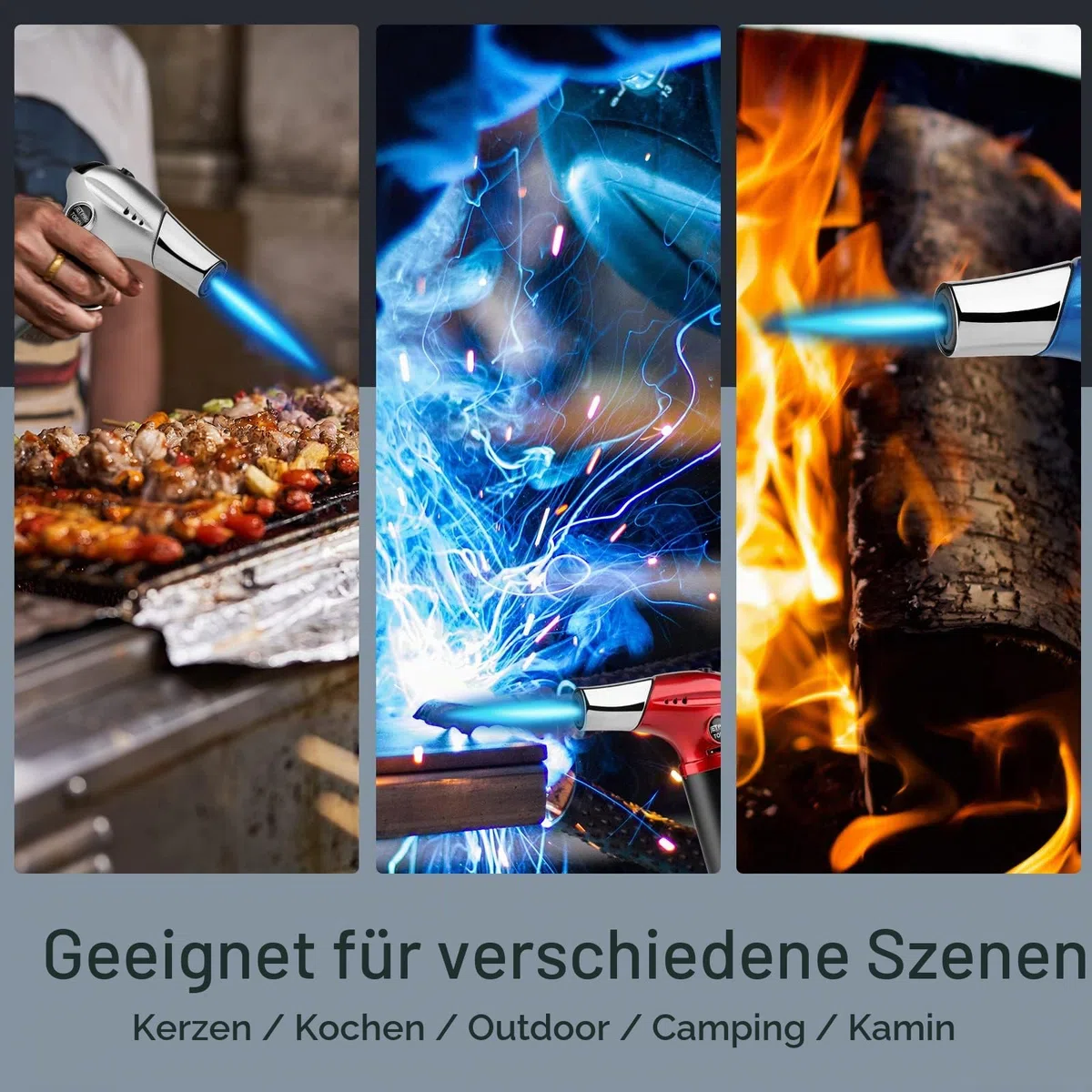 Butan Fackel, Küche Fackel Feuerzeug, Kochen Nachfüllbare Fackel mit einstellbarer Flamme und Sicherheitsschloss für Desserts, BBQ, Küche mit Butangas Nicht im Lieferumfang enthalten (Sliver)