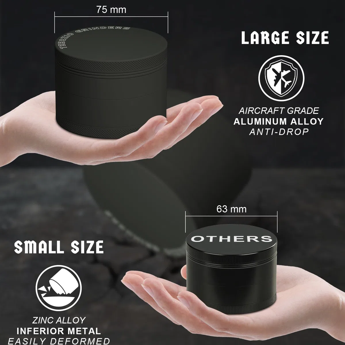 Pollen Grinder Crusher Ø 75 mm aus Aluminiumlegierung mit 4-Teilig, für Spice, Kräuter, Gewürze, Herb, Kaffee mit Pollen Scraper und Pinsel (Schwarz & Gold)